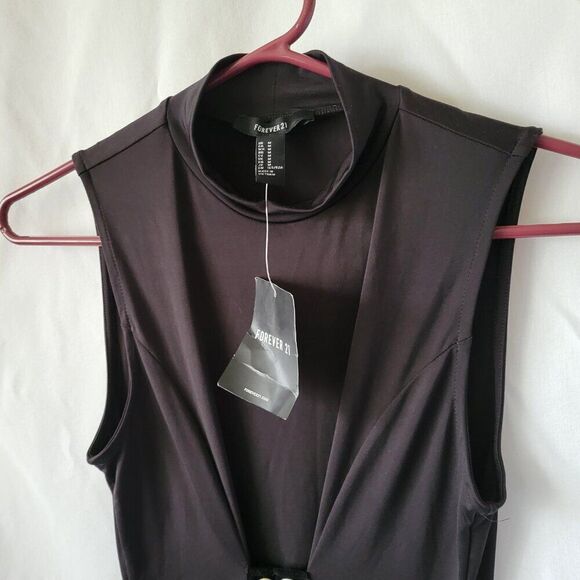 NEW Forever 21 Black Dress Maxi grommets tie Medium sleeveless cowl slit NWT - Picture 3 of 12